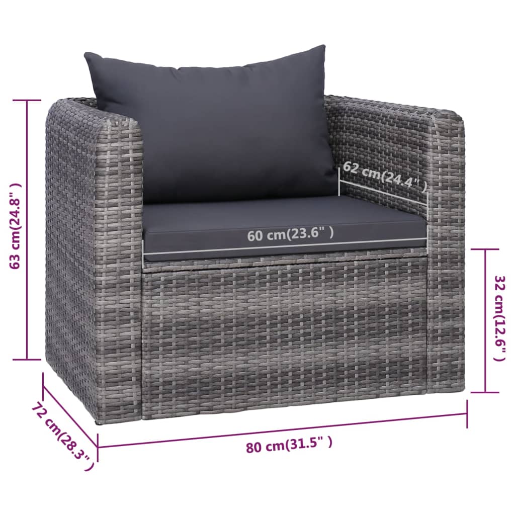 9-delige Loungeset met kussens poly rattan grijs