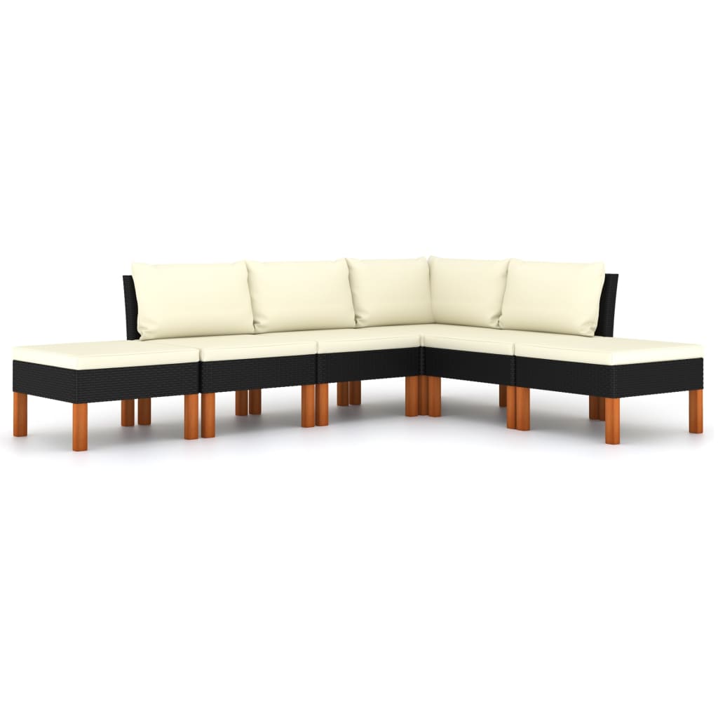 6-delige Loungeset met kussens poly rattan zwart