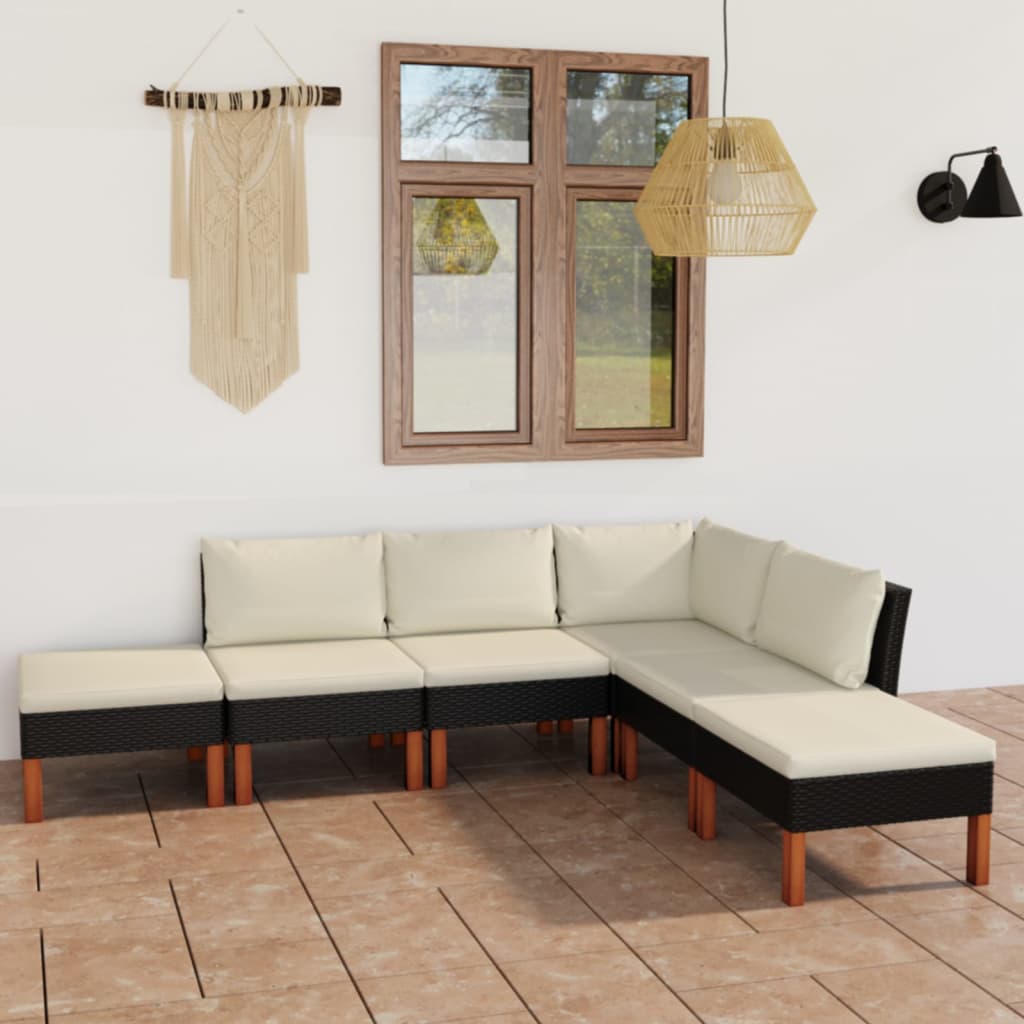 6-delige Loungeset met kussens poly rattan zwart