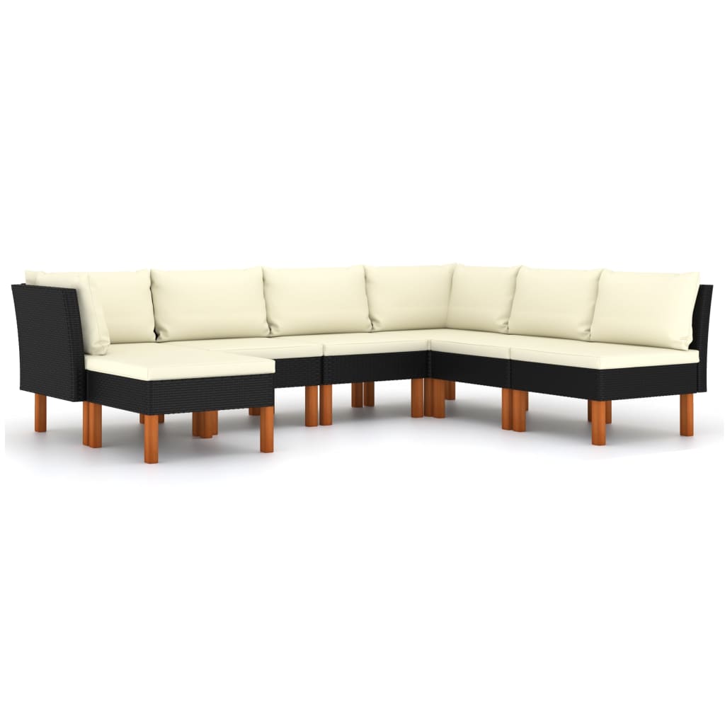 7-delige Loungeset met kussens poly rattan zwart