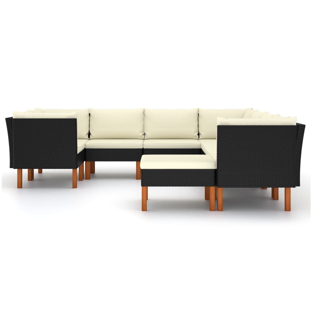 9-delige Loungeset met kussens poly rattan zwart