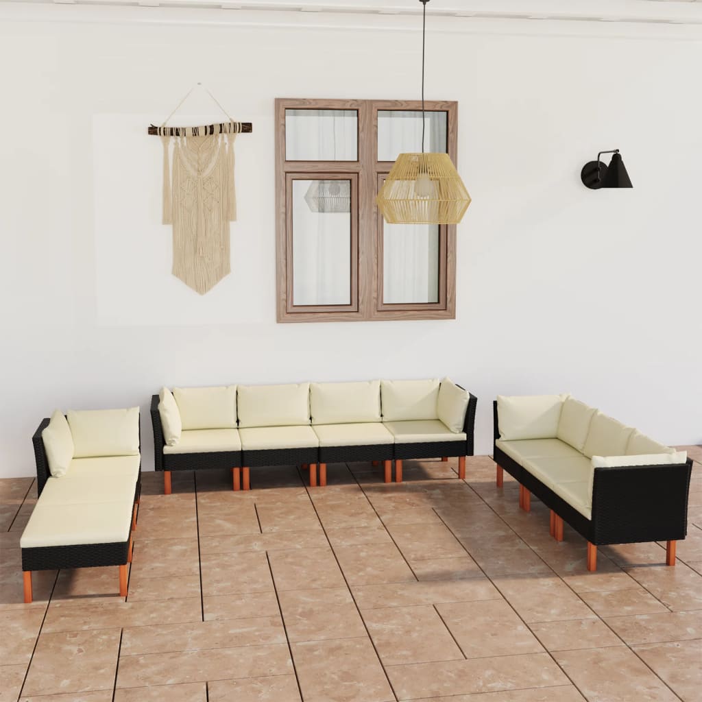 10-delige Loungeset met kussens poly rattan zwart