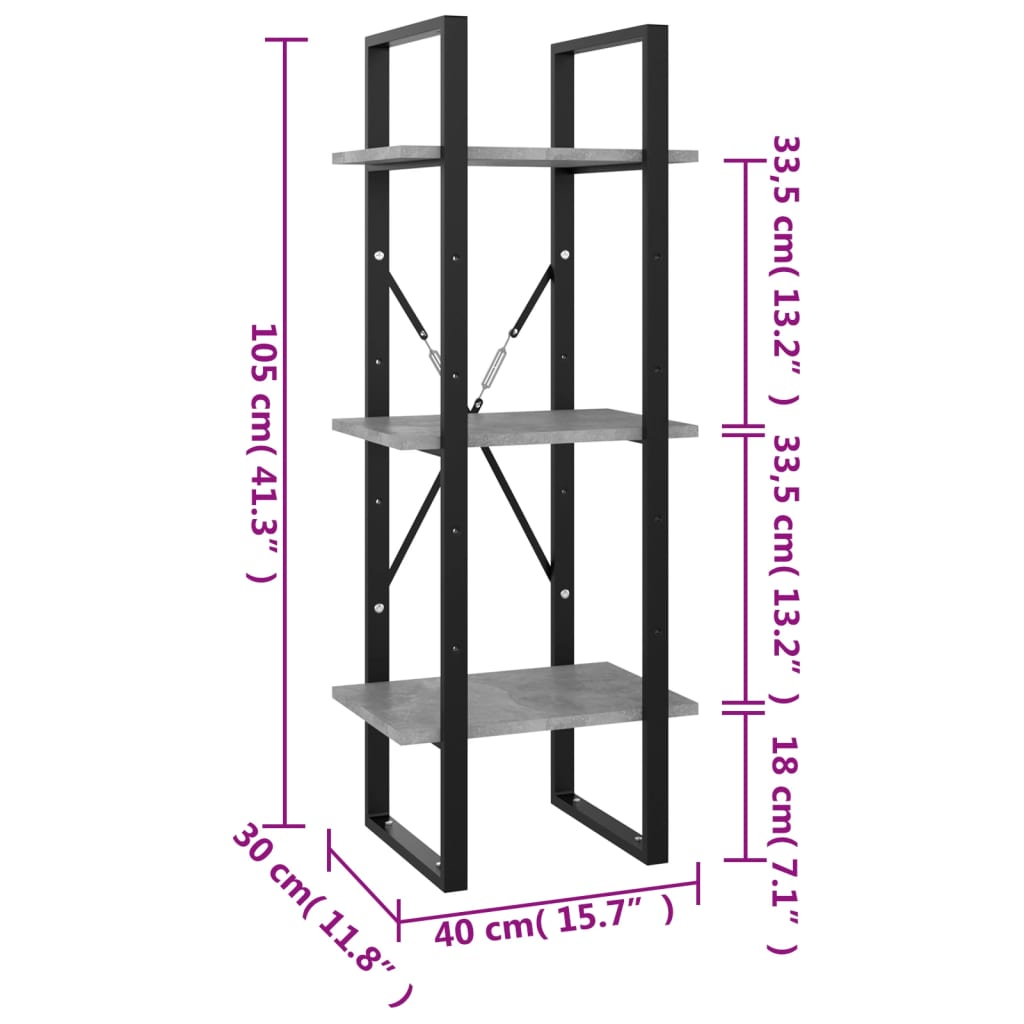 Boekenkast met 3 schappen 40x30x105 cm bewerkt hout betongrijs