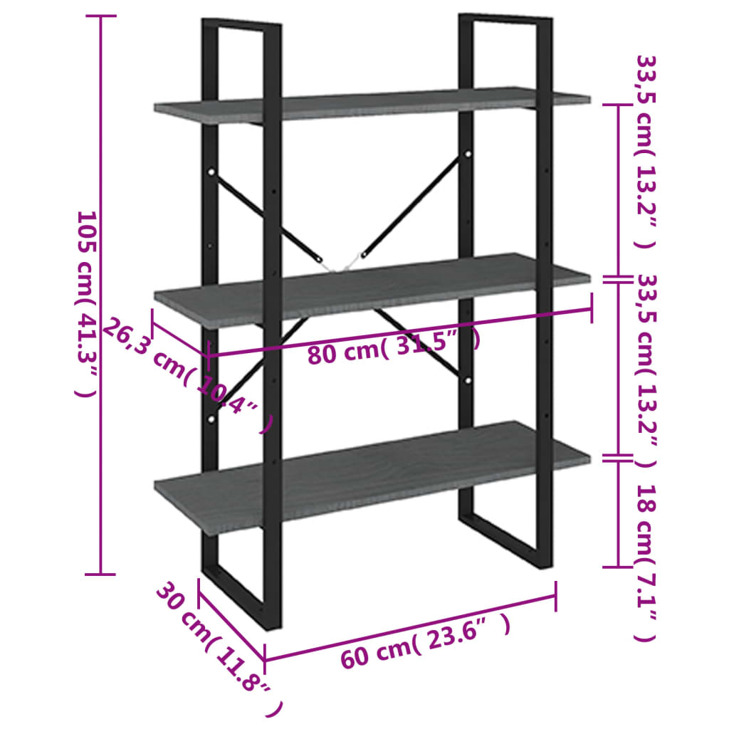 Boekenkast met 3 schappen 80x30x105 cm massief grenenhout grijs