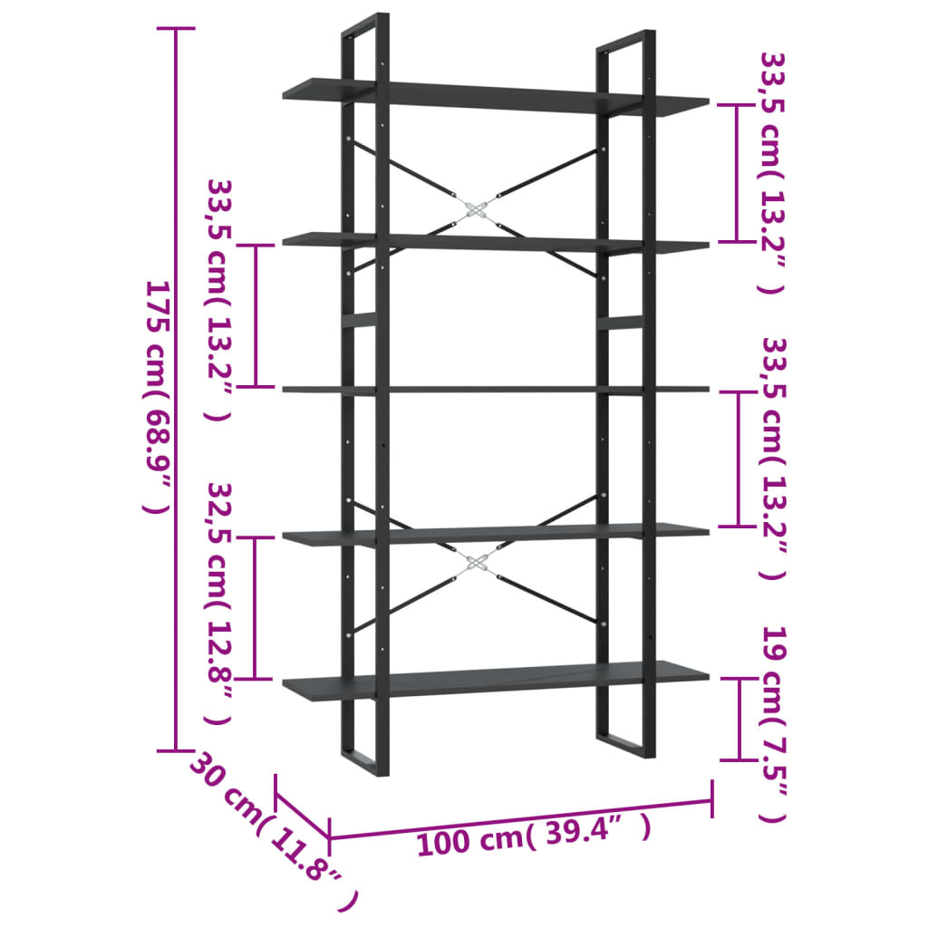 Boekenkast met 5 schappen 100x30x175 cm bewerkt hout grijs