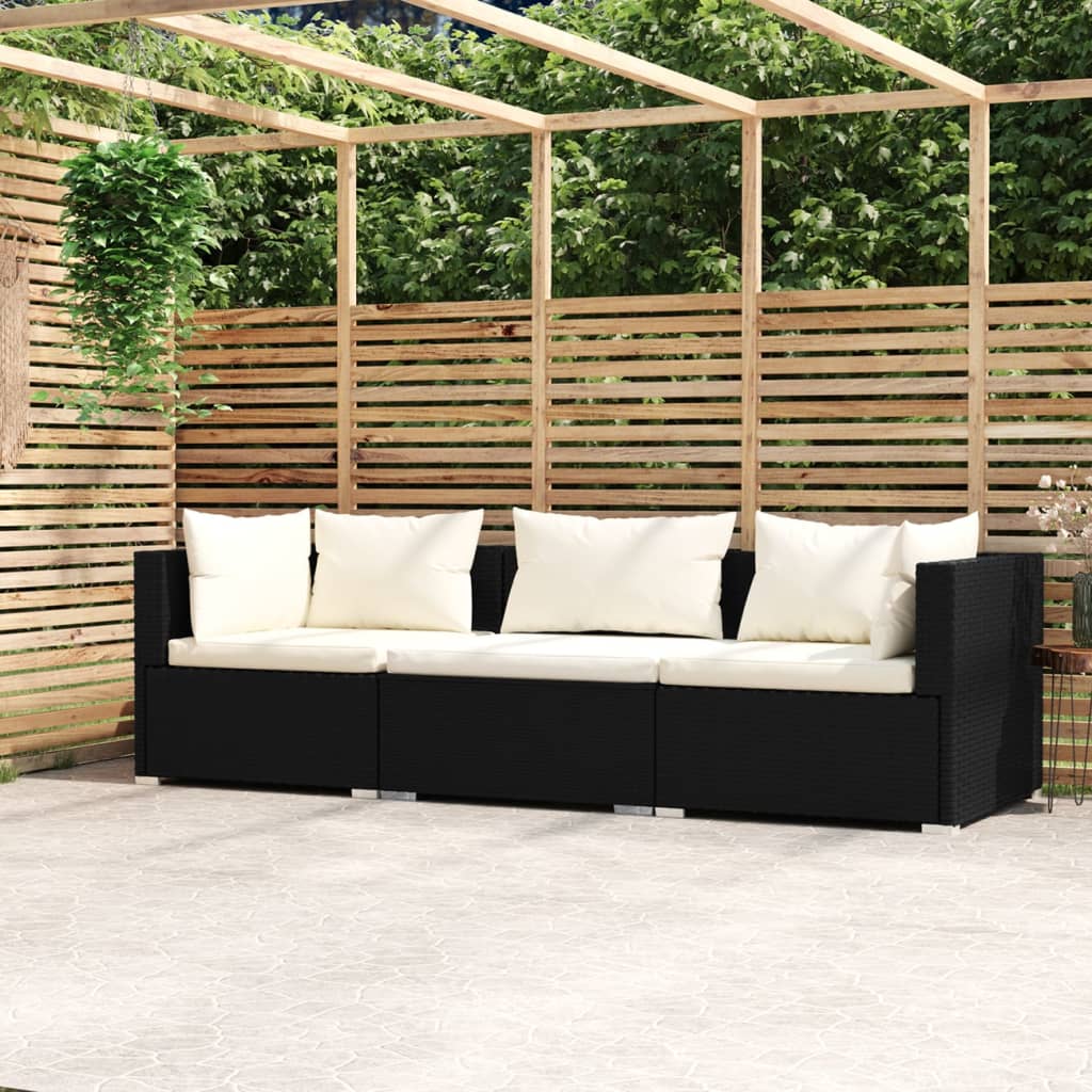 Driezitsbank met kussens poly rattan zwart