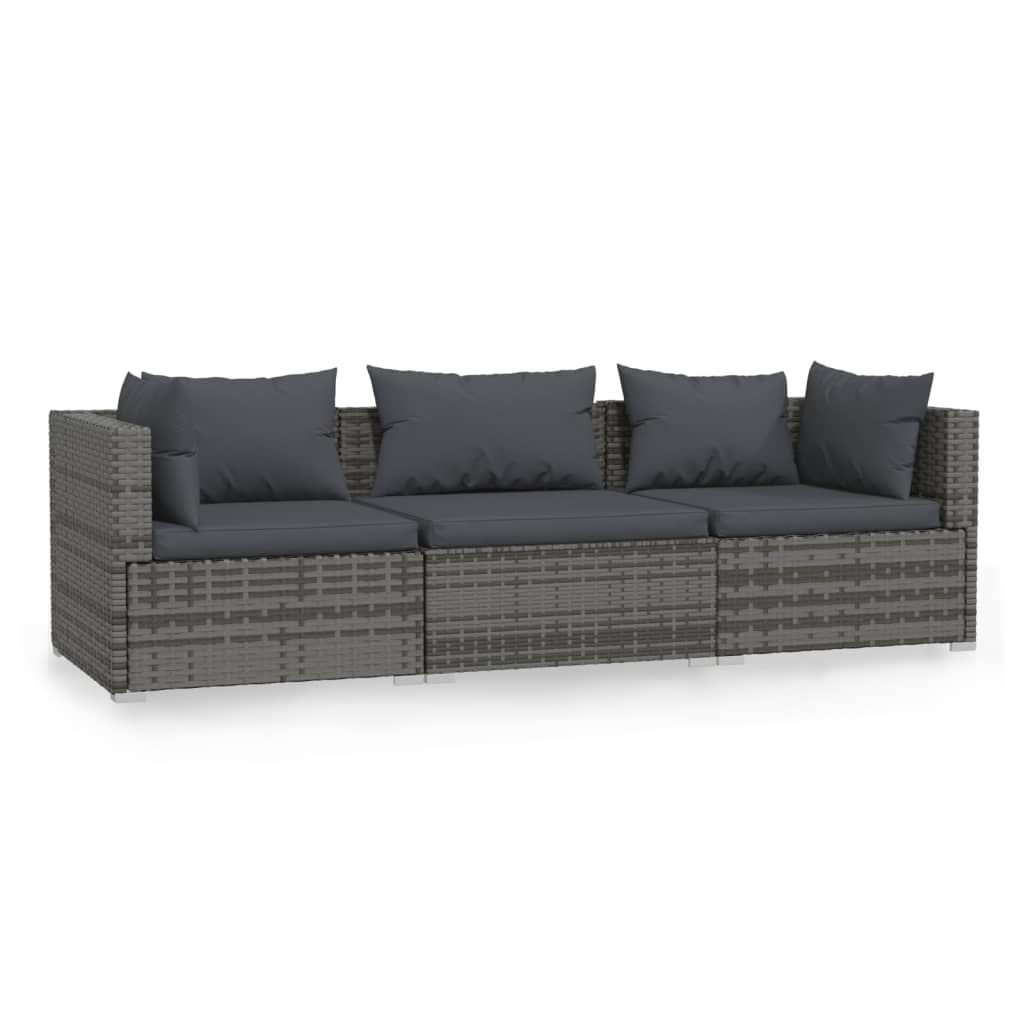 Driezitsbank met kussens poly rattan grijs