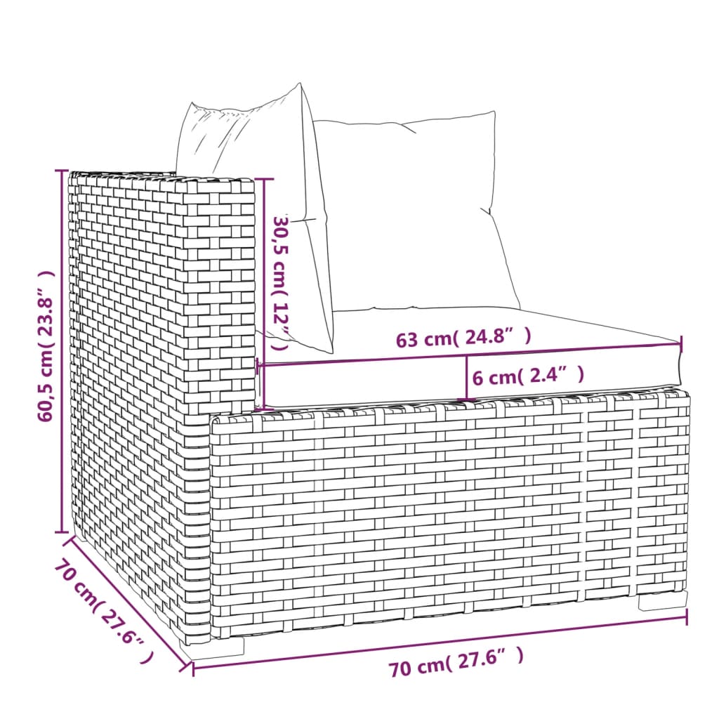 Driezitsbank met kussens poly rattan grijs