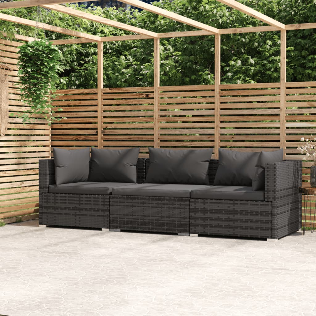 Driezitsbank met kussens poly rattan grijs