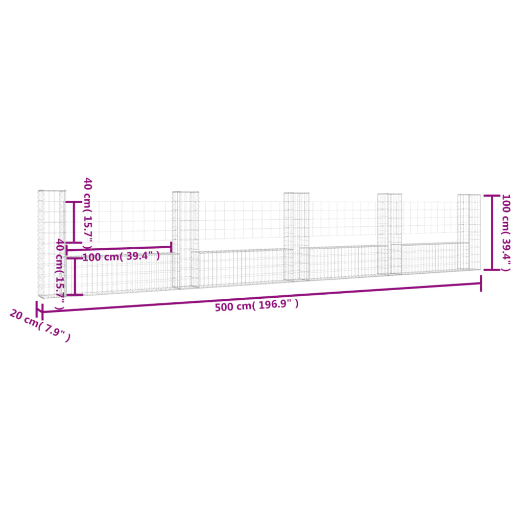 Schanskorf U-Vormig Met 5 Palen Ijzer 500 x 20 x 100 cm