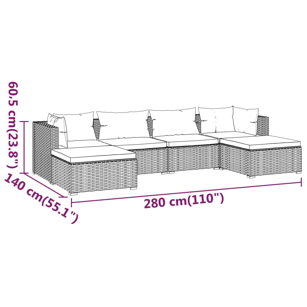 6-delige Loungeset met kussens poly rattan zwart