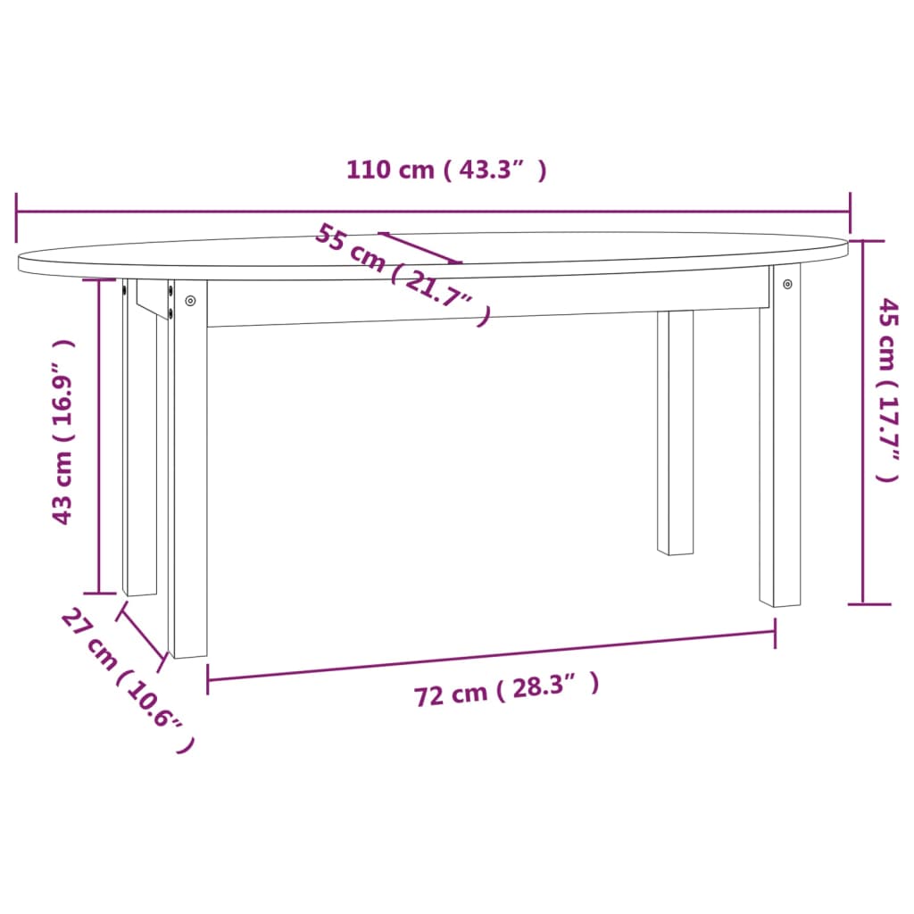 Salontafel 110x55x45 cm massief grenenhout wit