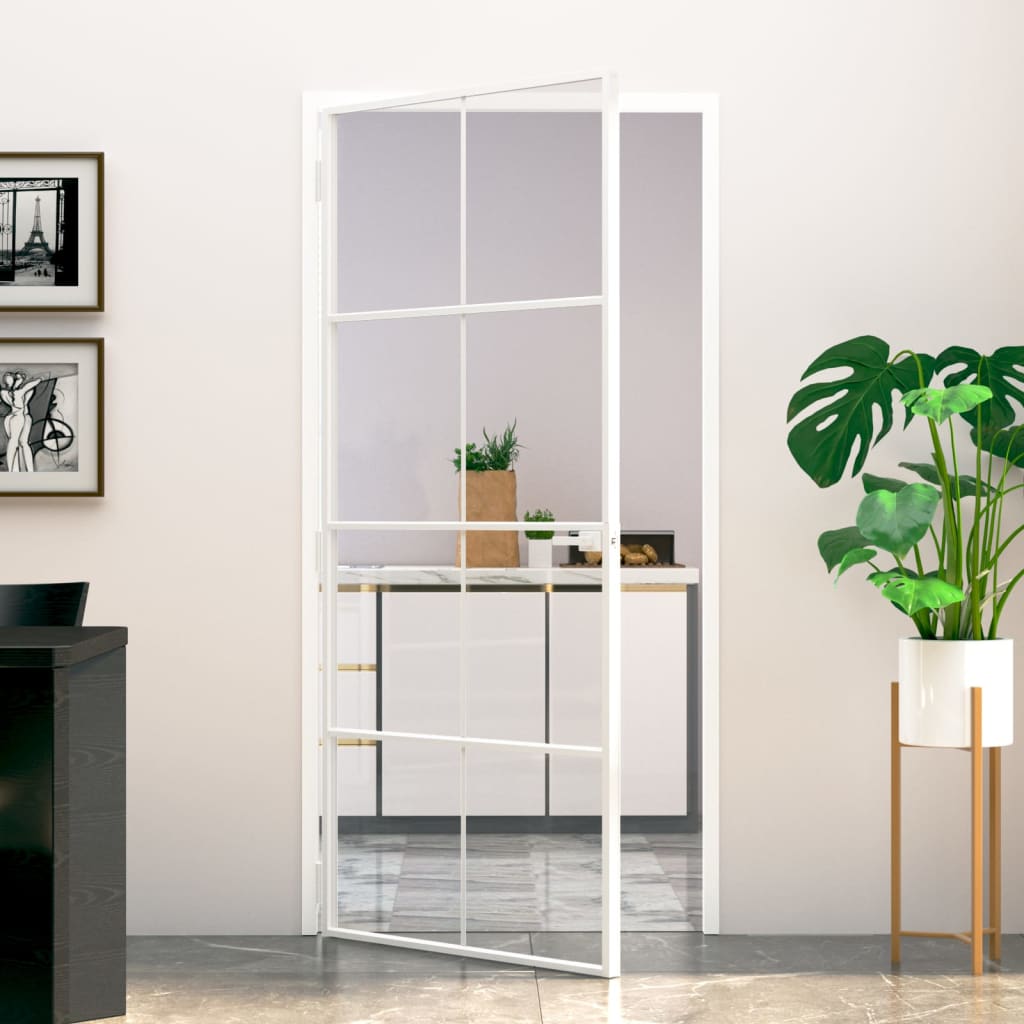Binnendeur 93x201,5 cm gehard glas en aluminium smal wit