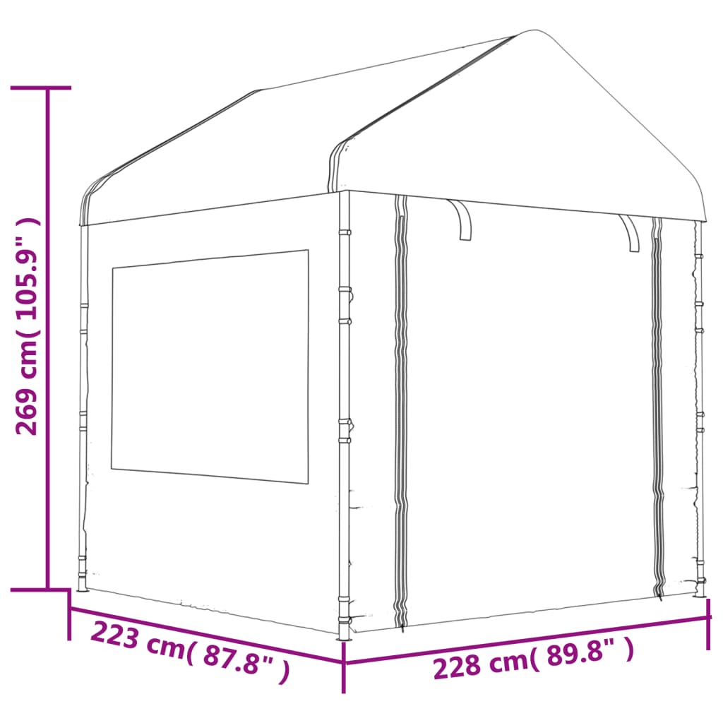 Prieel met dak 6,69x2,28x2,69 m polyetheen wit