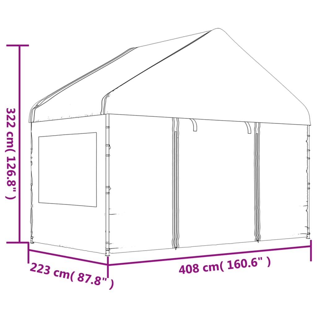Prieel met dak 4,46x4,08x3,22 m polyetheen wit