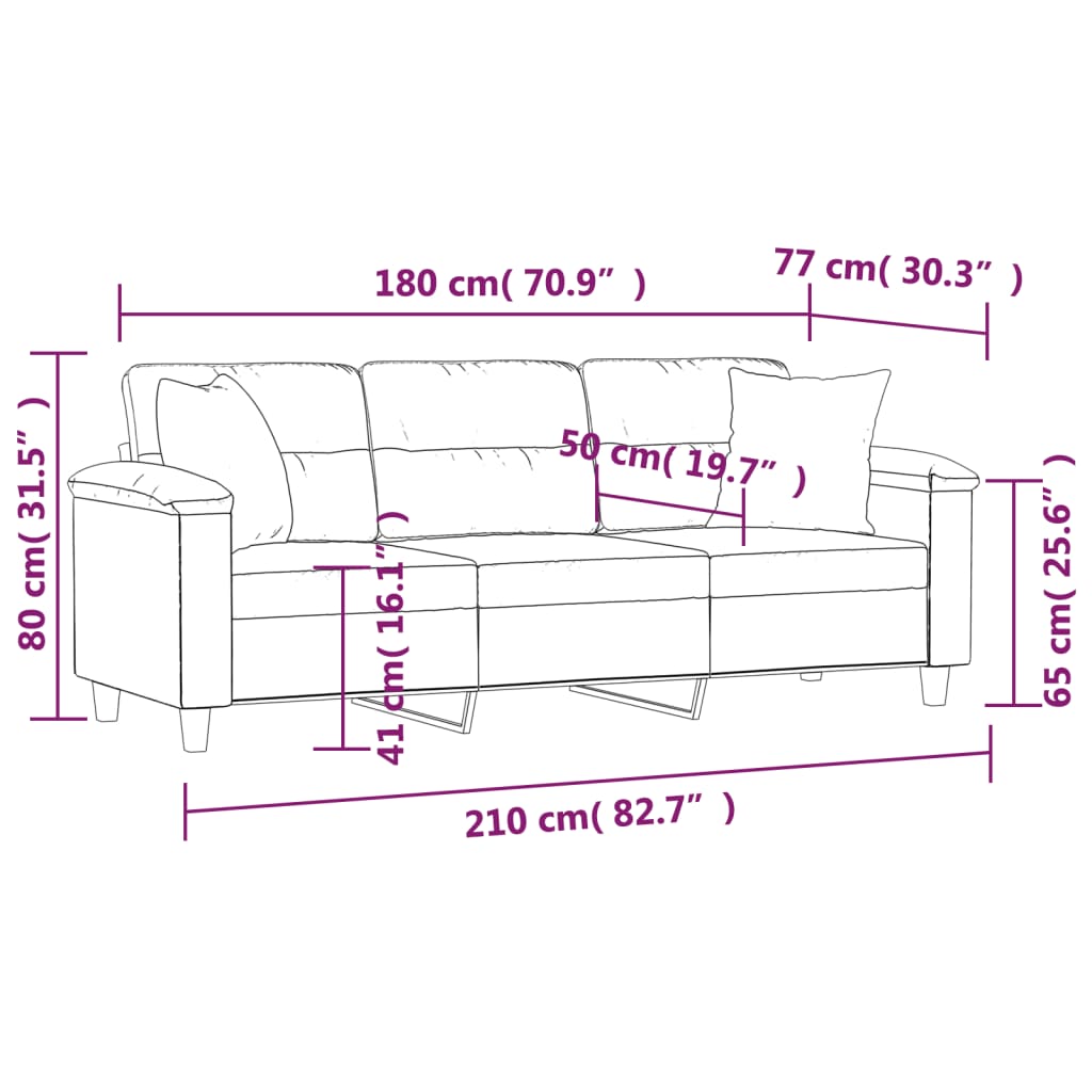 Driezitsbank met kussens 180 cm microvezelstof taupe