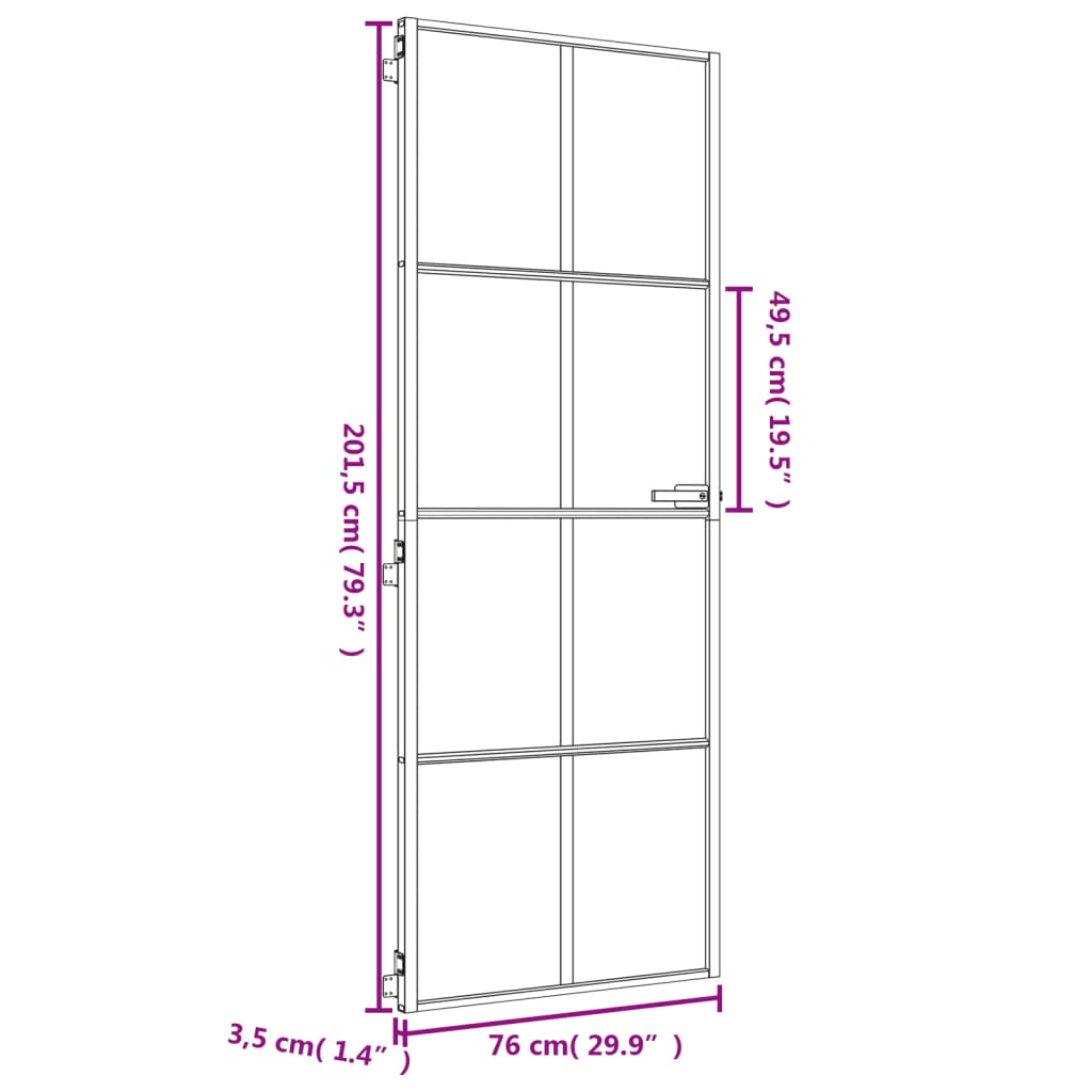 Binnendeur smal 76x201,5 cm gehard glas en aluminium goudkleur