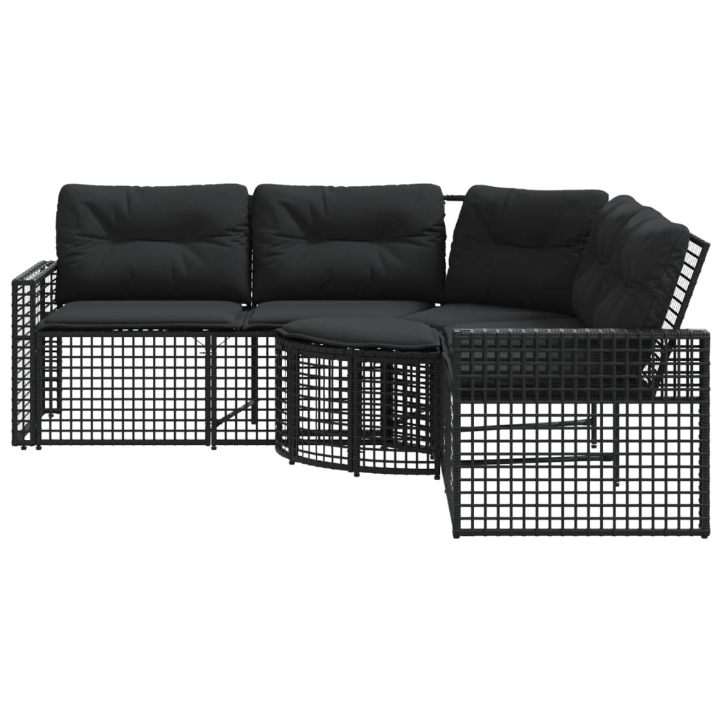 Tuinbank met kussens en voetensteun L-vormig poly rattan zwart