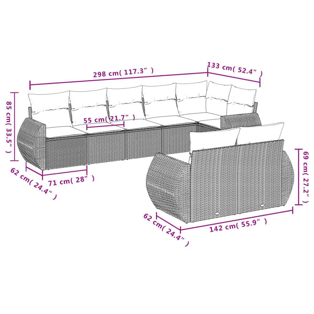 8-delige Loungeset met kussens poly rattan bruin