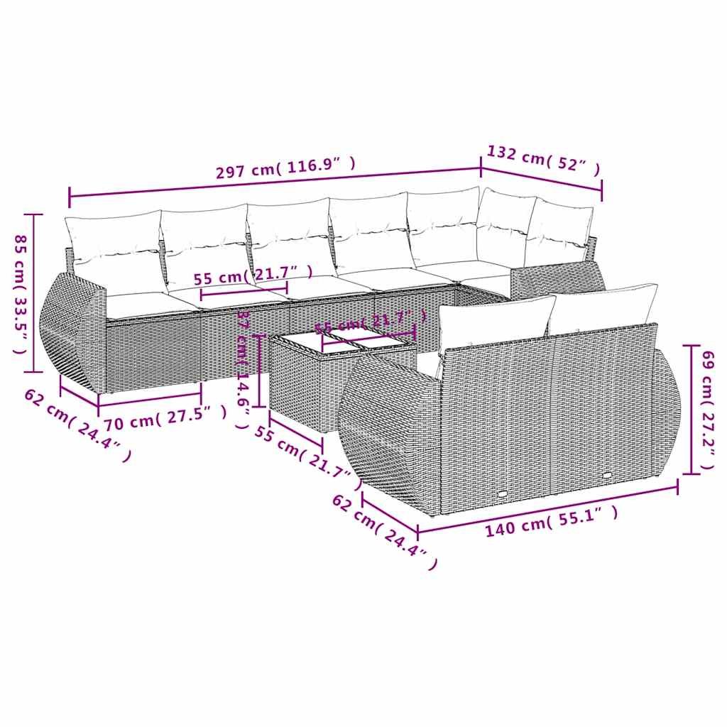 9-delige Loungeset met kussens poly rattan lichtgrijs