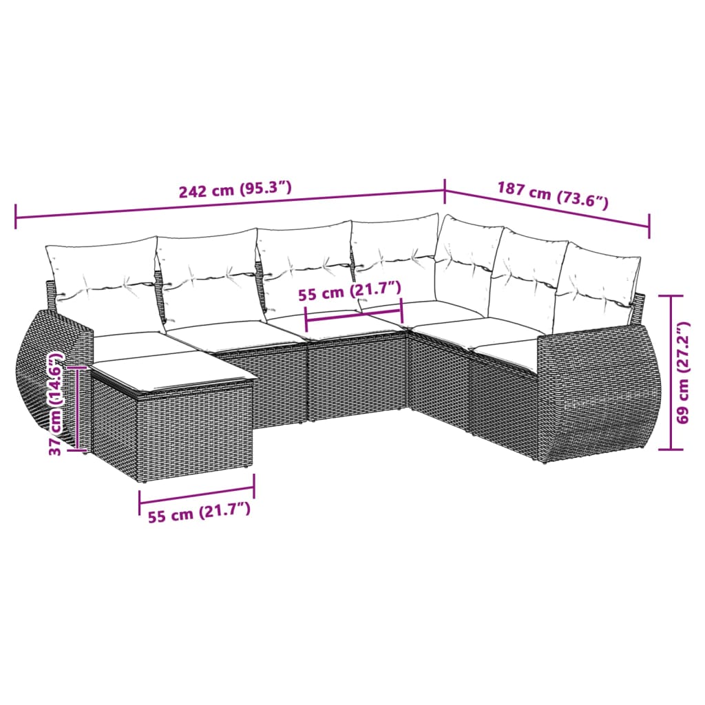 7-delige Loungeset met kussens poly rattan lichtgrijs