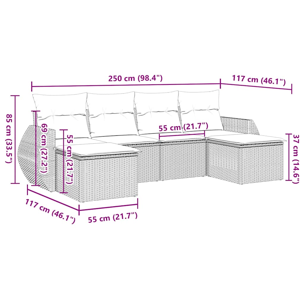 6-delige Loungeset met kussens poly rattan lichtgrijs