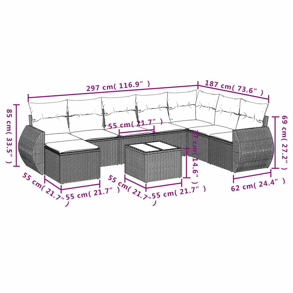 9-delige Loungeset met kussens poly rattan lichtgrijs