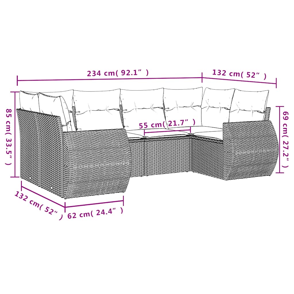 6-delige Loungeset met kussens poly rattan lichtgrijs