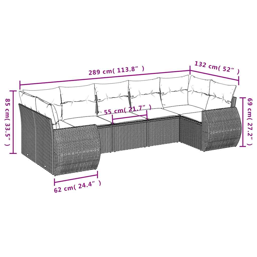 7-delige Loungeset met kussens poly rattan lichtgrijs