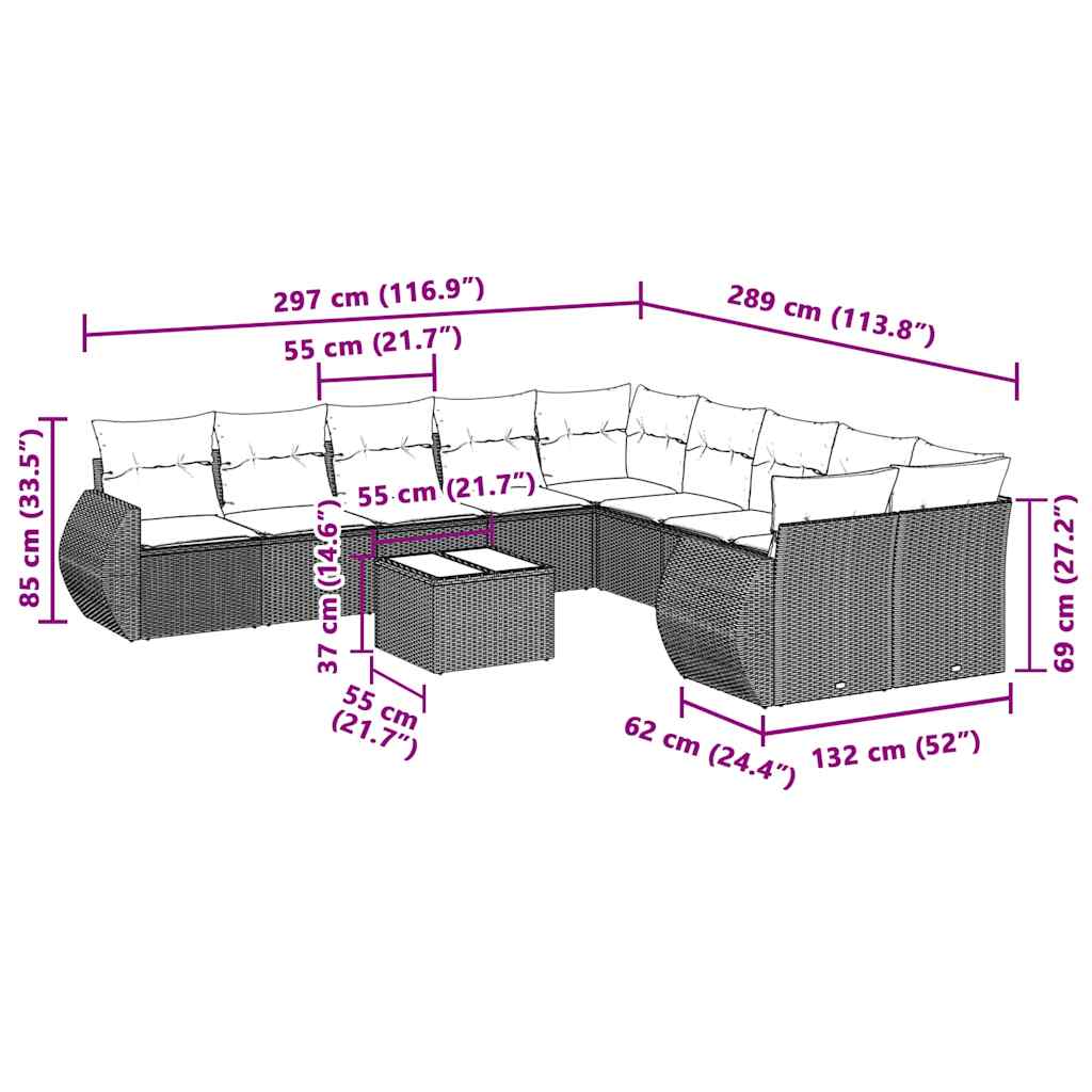 11-delige Loungeset met kussens poly rattan lichtgrijs