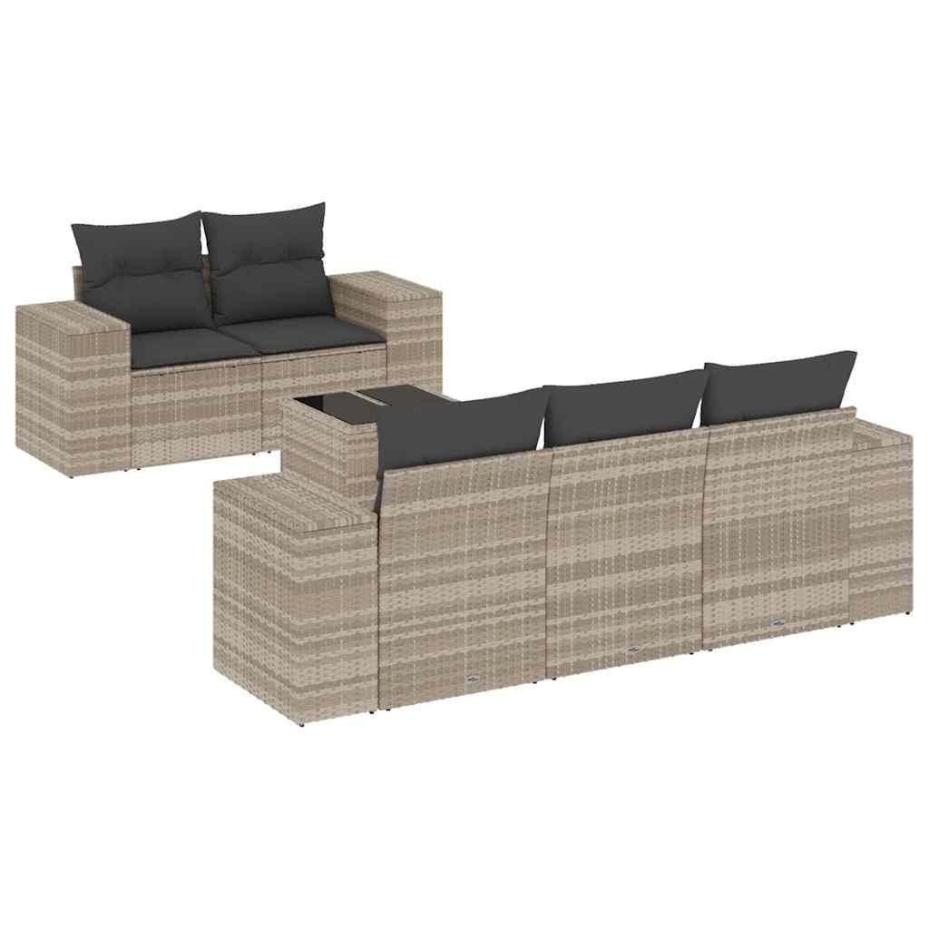 6-delige Loungeset met kussens poly rattan lichtgrijs