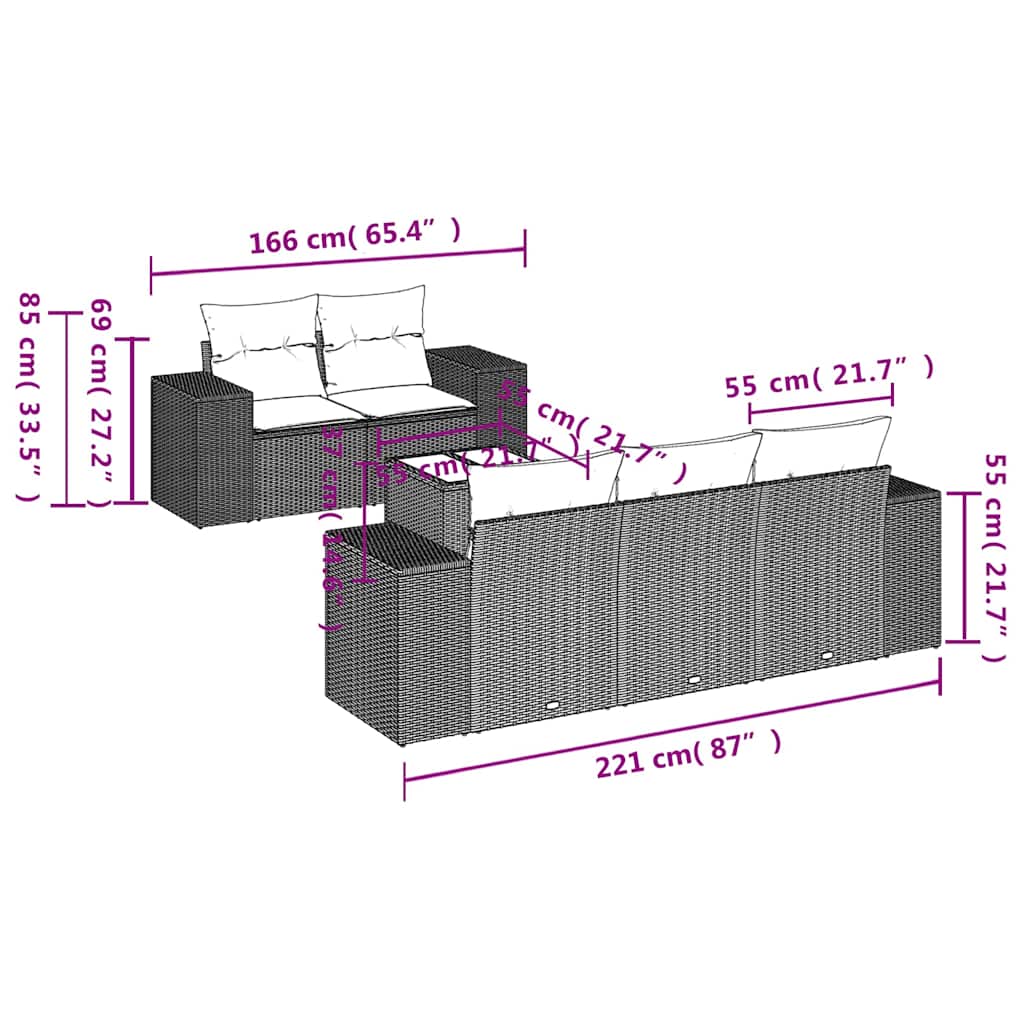 6-delige Loungeset met kussens poly rattan lichtgrijs