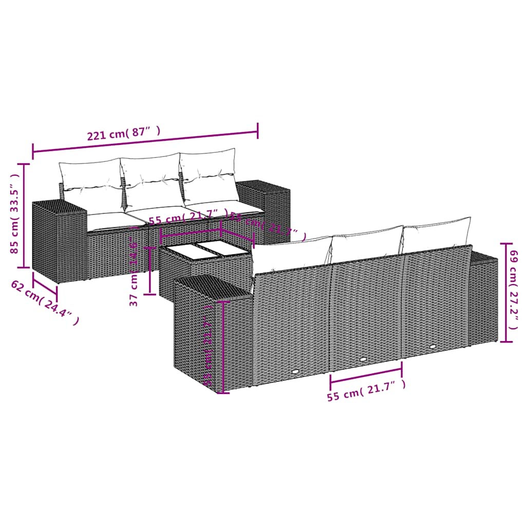 7-delige Loungeset met kussens poly rattan lichtgrijs