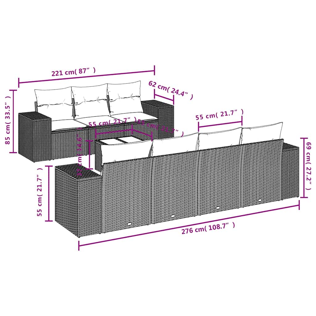 8-delige Loungeset met kussens poly rattan lichtgrijs
