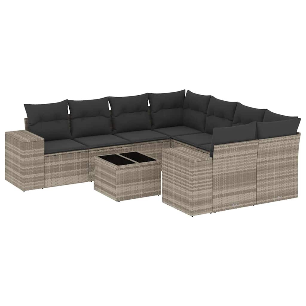 9-delige Loungeset met kussens poly rattan lichtgrijs