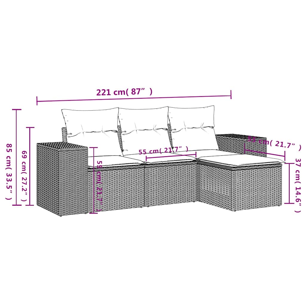 4-delige Loungeset met kussens poly rattan lichtgrijs