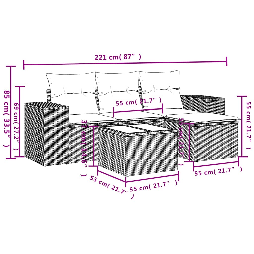5-delige Loungeset met kussens poly rattan lichtgrijs