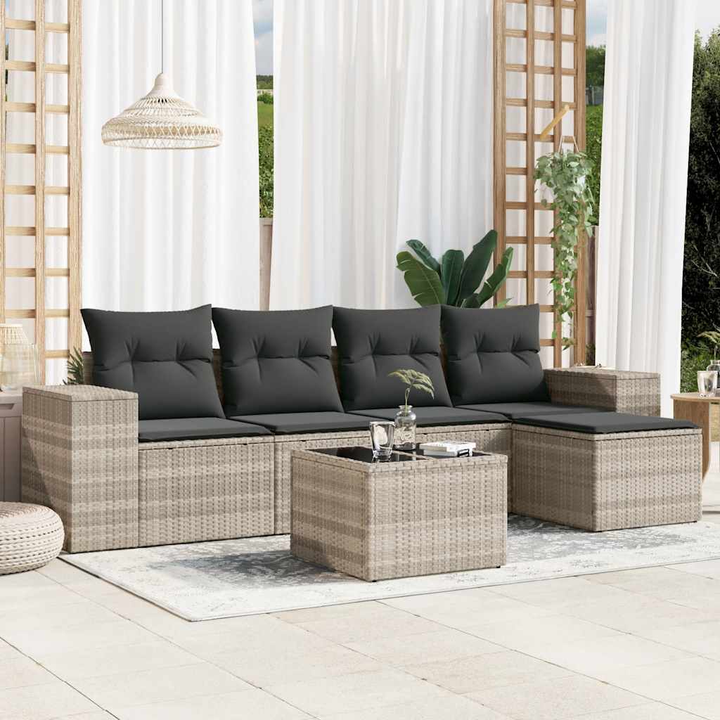 6-delige Loungeset met kussens poly rattan lichtgrijs