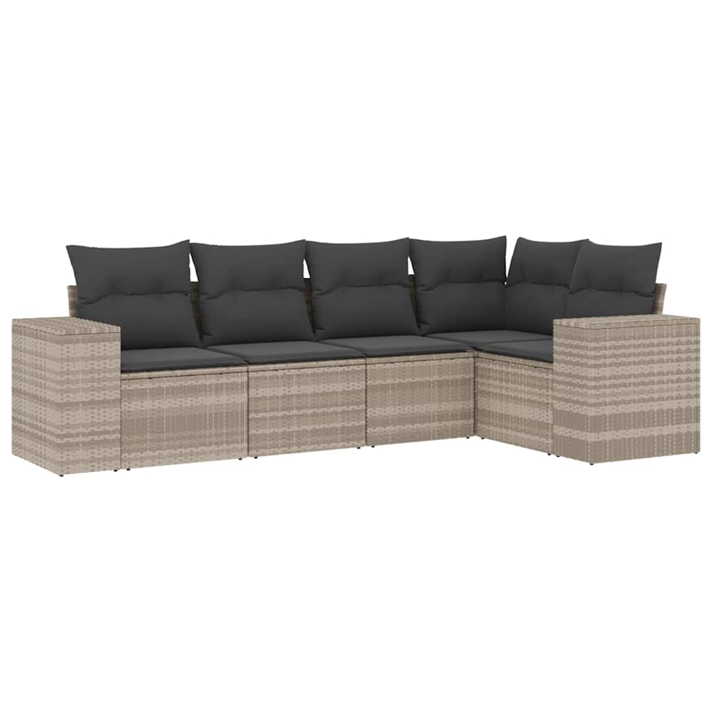 5-delige Loungeset met kussens poly rattan lichtgrijs