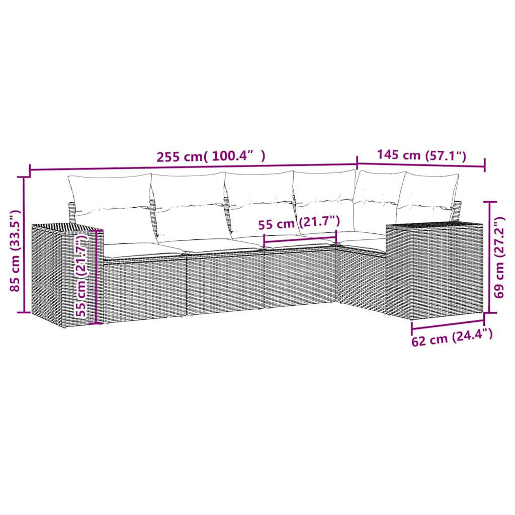 5-delige Loungeset met kussens poly rattan lichtgrijs