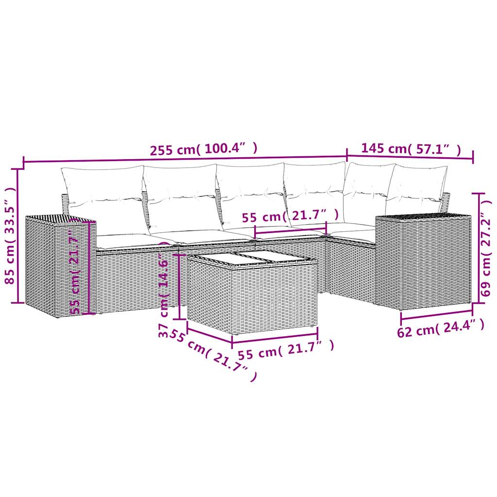 6-delige Loungeset met kussens poly rattan bruin