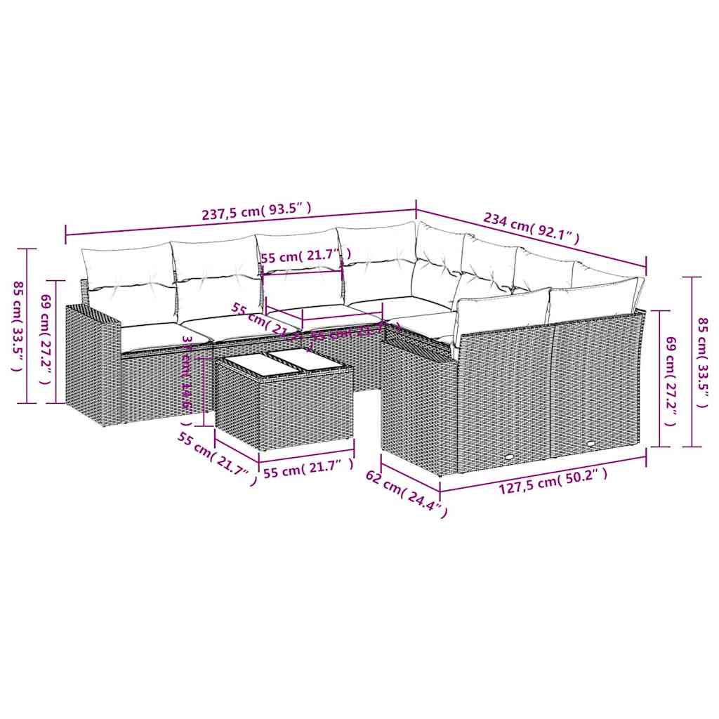 9-delige Loungeset met kussens poly rattan lichtgrijs