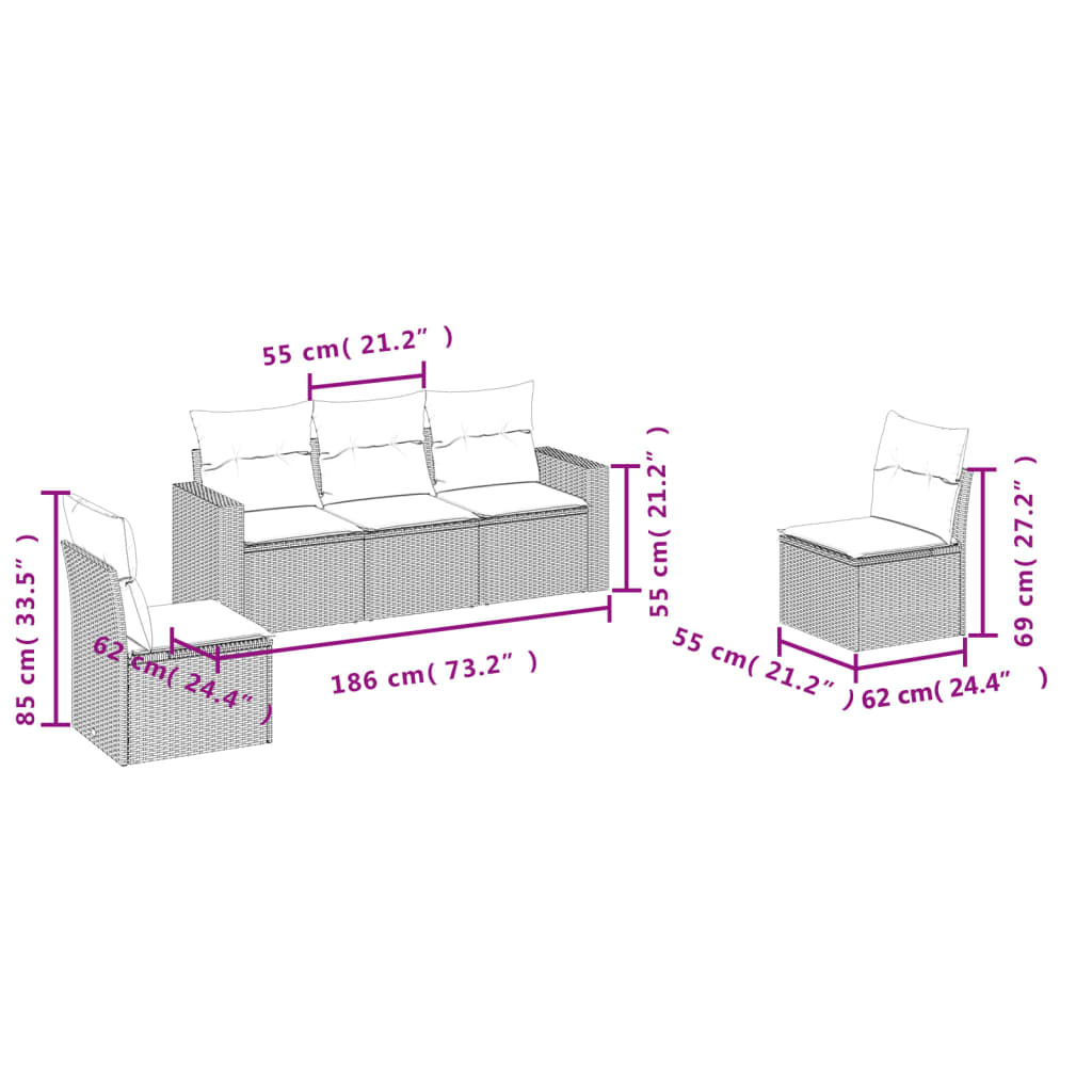 5-delige Loungeset met kussens poly rattan lichtgrijs