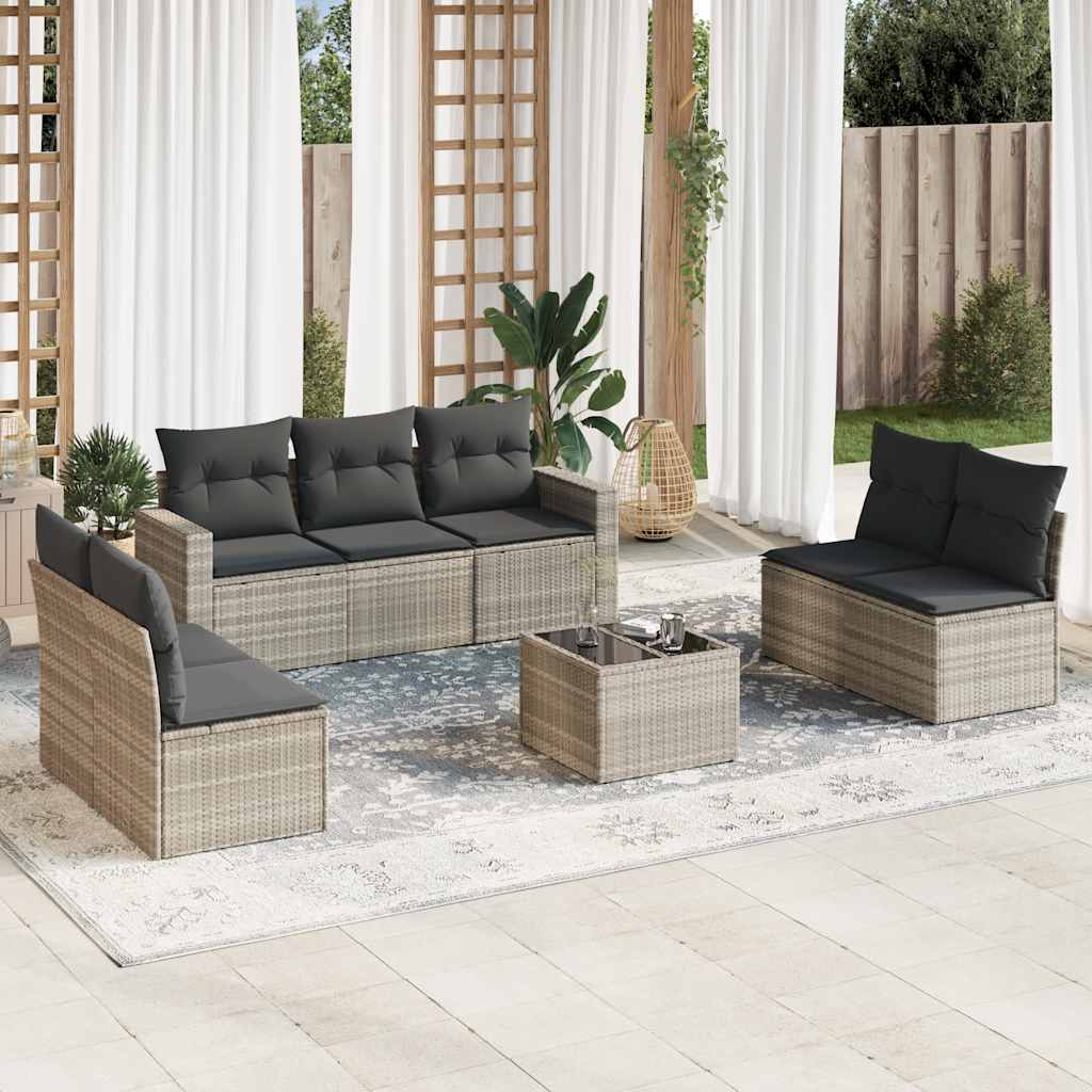 8-delige Loungeset met kussens poly rattan lichtgrijs