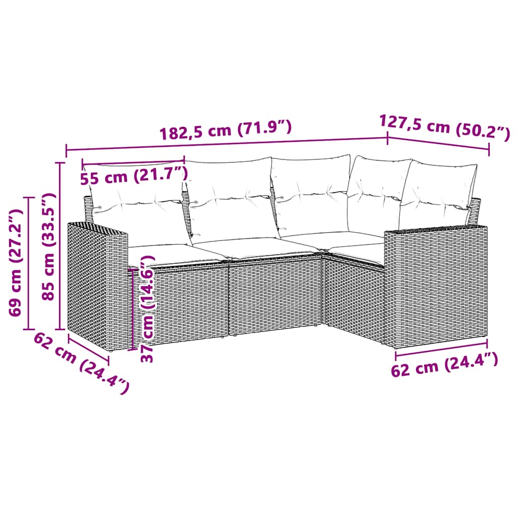4-delige Loungeset met kussens poly rattan lichtgrijs