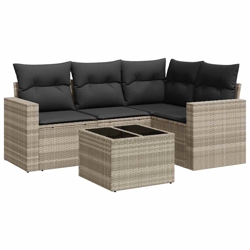 5-delige Loungeset met kussens poly rattan lichtgrijs