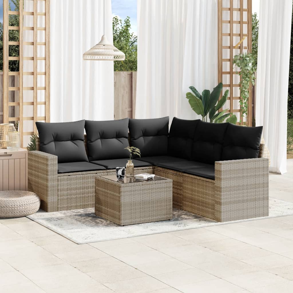 6-delige Loungeset met kussens poly rattan lichtgrijs