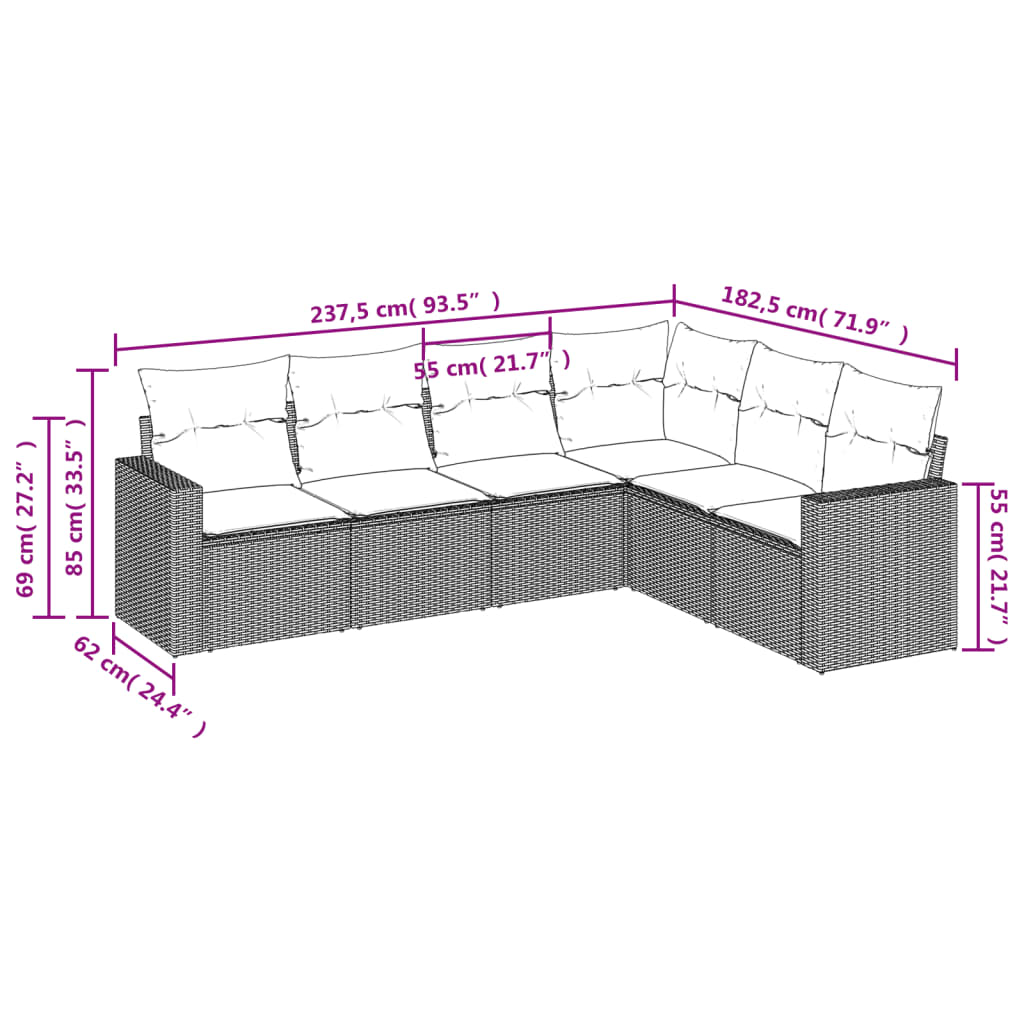6-delige Loungeset met kussens poly rattan lichtgrijs