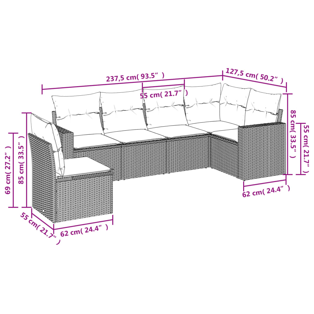 6-delige Loungeset met kussens poly rattan lichtgrijs