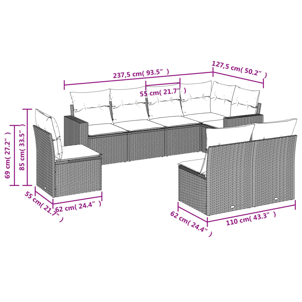 8-delige Loungeset met kussens poly rattan lichtgrijs